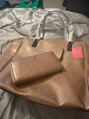 kate spade Rose Gold Glitter Tote with Matching Zip Wallet. Brand new never used